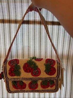 Viral Beaded Tomato Shoulder Bag with gingham strap and bag charm- Red & Green